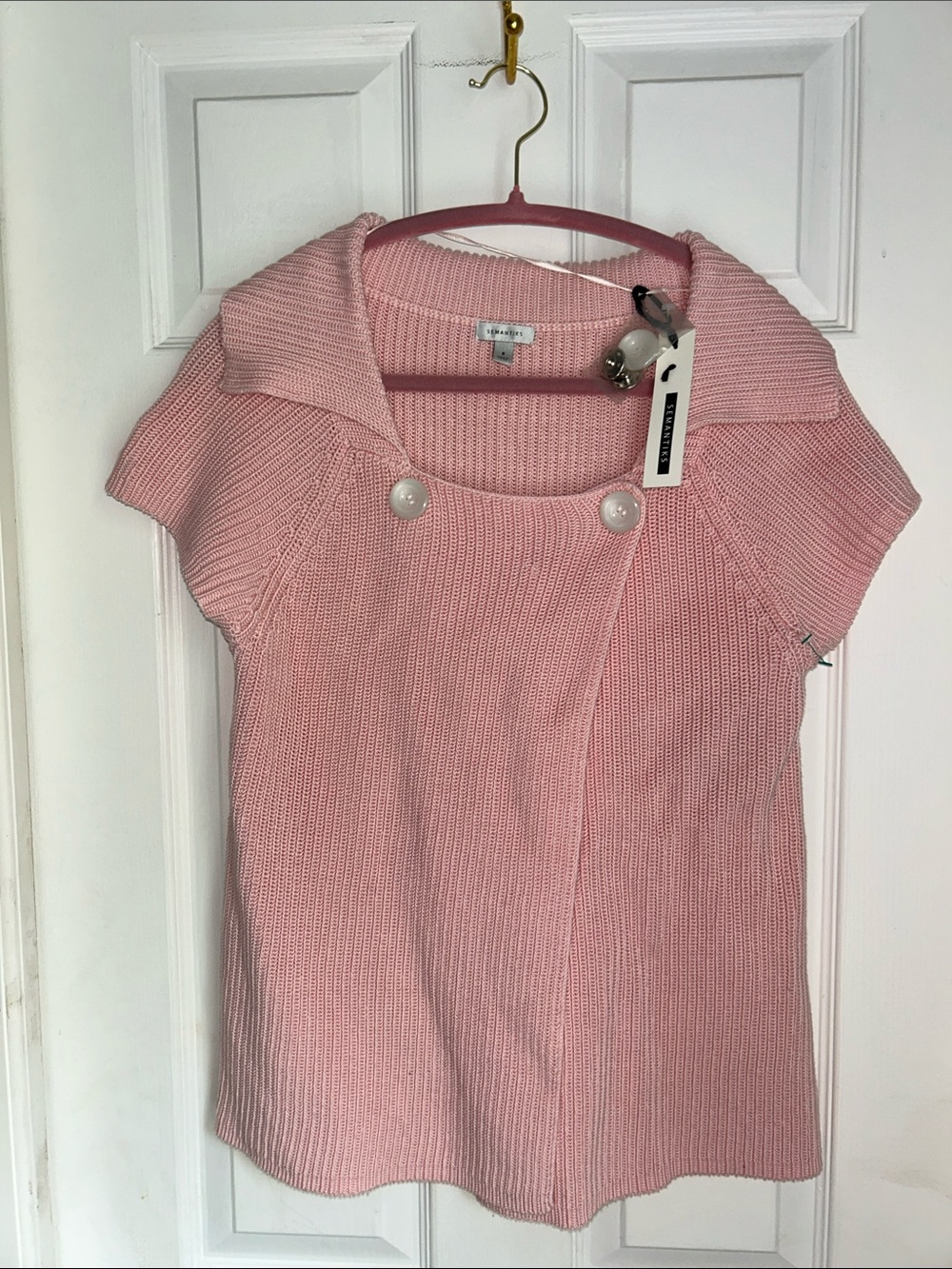 NWT Semantiks Blush Pink Ribbed Knit Short-Sleeve Top with Button Detail | S